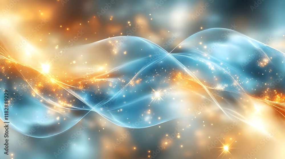 Poster abstract background with blue and gold sparkling waves elegantly flowing across a softly lit backdro