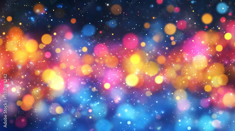 Poster abstract background creates a festive atmosphere with colorful bokeh lights and twinkling particles
