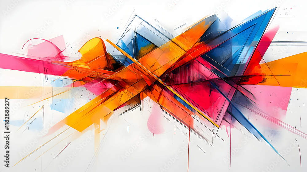 Poster abstract composition explodes with vivid colors and dynamic shapes on white canvas with brushstrokes
