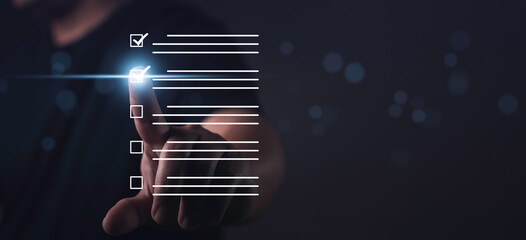Hand touch checklist and Survey Forms streamlining Business Research and Communication. Questions, announcements, and documents for effective consumer engagement and data collection.