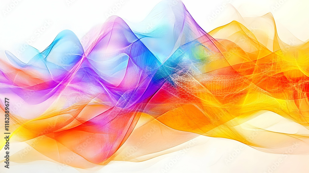 Poster abstract background with colorful wavy lines flowing gracefully across white background