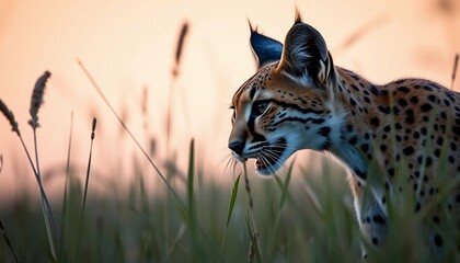 Serengeti Sunset Serval Cat in Tall Grass Hunting at Dusk