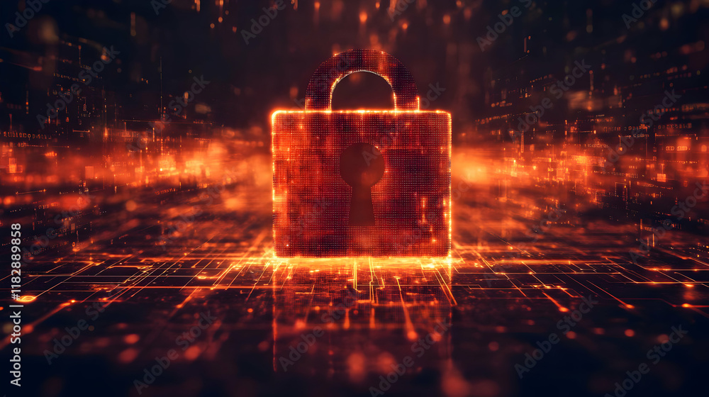 Poster digital padlock illuminates secure data protection in abstract cyberspace background