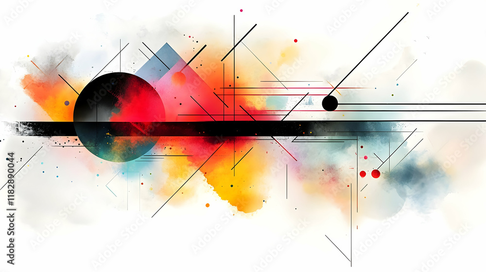 Poster abstract background with colorful watercolor splashes and geometric shapes dynamically interacting.
