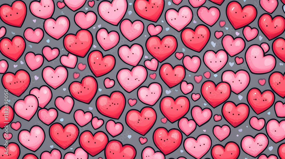 Poster cute pink and red hearts pattern background with tiny dots in a seamless repeat design