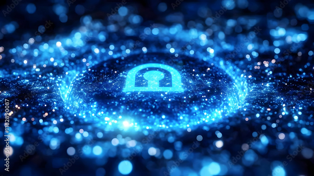 Poster glowing blue portal icon on a sparkling surface with soft focus background