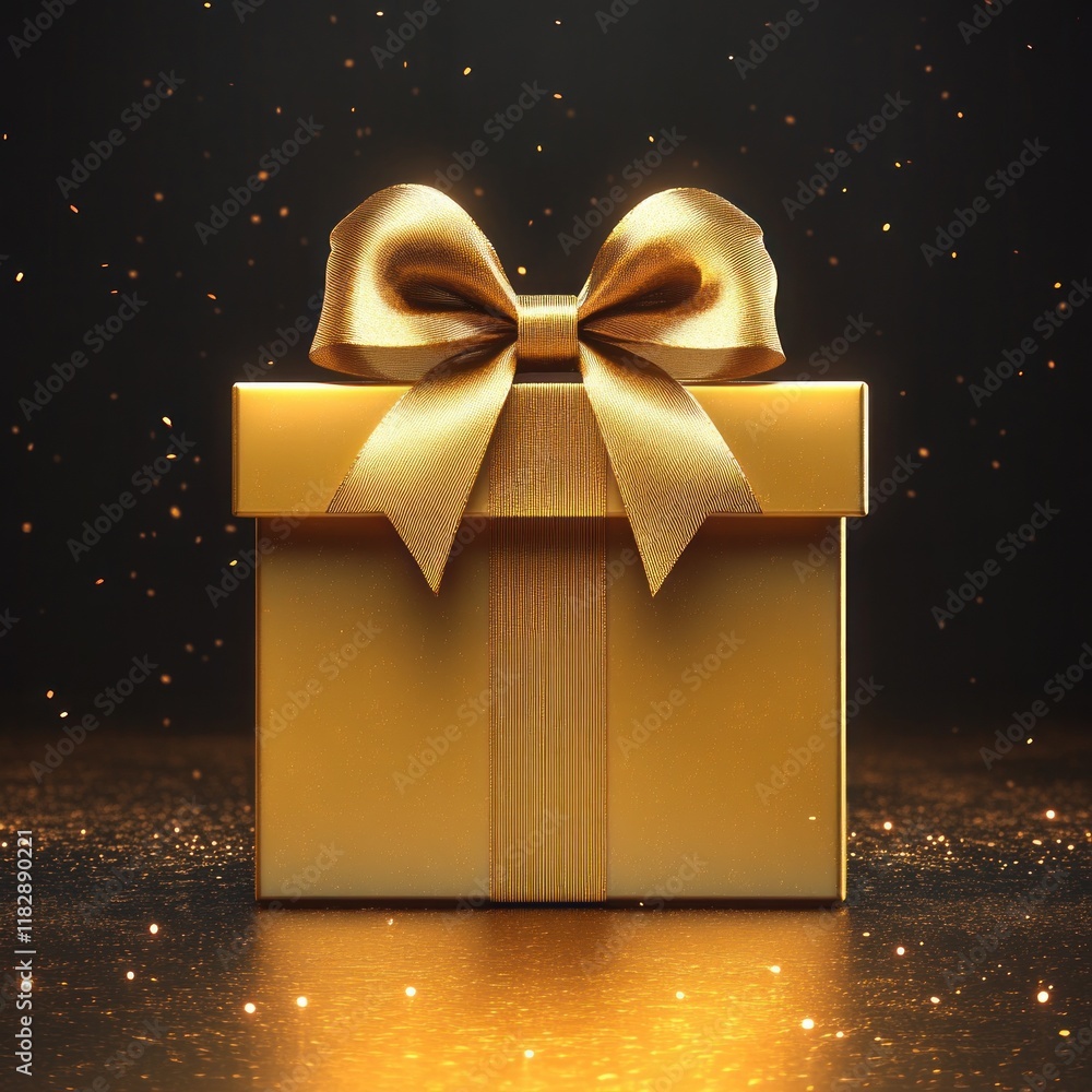 Poster elegant gold gift box with ribbon bow 3d rendering product display isolated on white background for 
