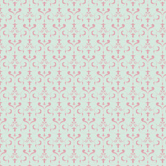 Light mint and pink ornamental damask seamless pattern. Decorative scroll design perfect for feminine backgrounds, wallpapers, textiles, and stationery.