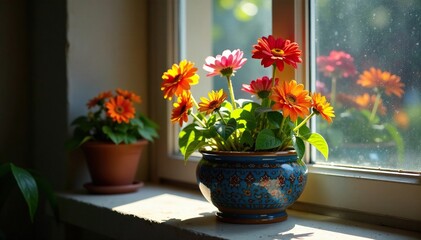 Colorful flowers on a ceramic planter reflected in a stained glass window, sunlight, reflections, ceramic planter