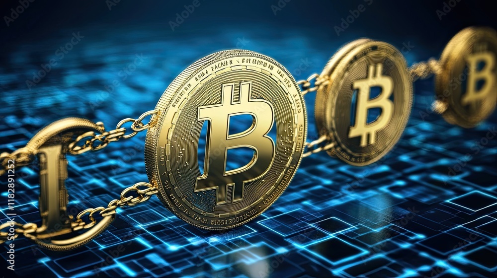 Poster bitcoin coins connected by a chain on a digital background with circuits illustrating blockchain tec