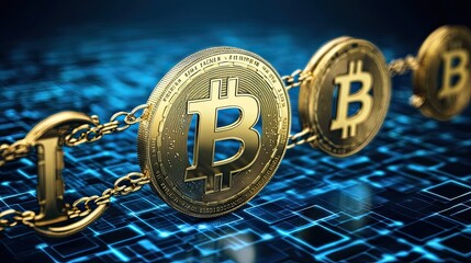 Bitcoin coins connected by a chain on a digital background with circuits illustrating blockchain technology