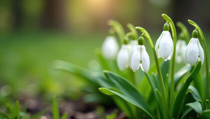 Obraz premium Delicate white snowdrop flowers bloom in a garden, nature, white