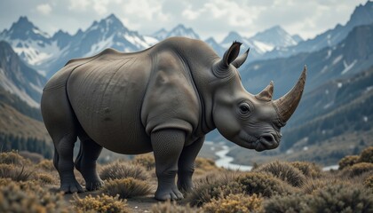 Obraz premium Majestic White Rhinoceros in Mountainous Landscape Wildlife Conservation