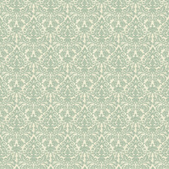 Soft green and cream vintage damask seamless pattern with delicate floral elements. Ideal for elegant wallpapers, textiles, decor, and classic background design.