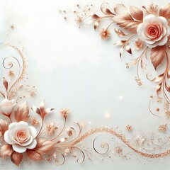 Elegant white background with delicate rose gold floral borders and shimmering glitter accents
