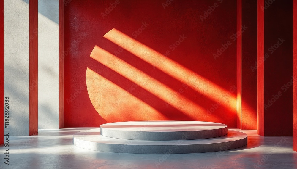 Poster red podium minimalist studio setup 3d illustration with soft lighting and abstract circle design