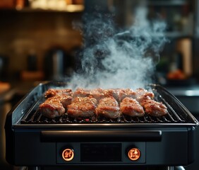 Sizzling Meats Cooking on a Modern Grill with Smoky Aroma in a Cozy Kitchen Setting
