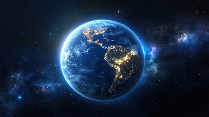Obraz premium Earth Glowing at Night from Space, with City Lights Twinkling Across Continents Against the Dark Expanse of the Universe