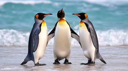 Fototapeta premium Three penguins huddle together on a sandy beach near the ocean during a sunny day