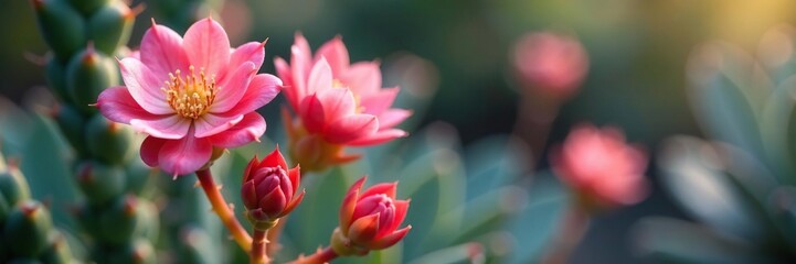 Obraz premium Fleshy pink flower clusters on a succulent plant stem, plants, pink, ice plant