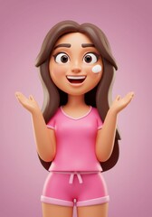 3D Cartoon Girl in Pink Loungewear Smiling with Skincare Cream on Cheek
