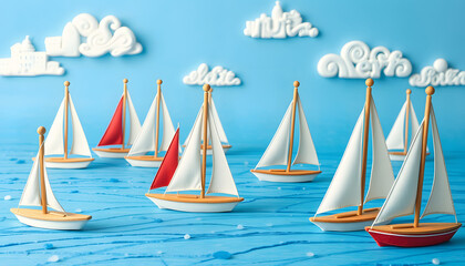 Naklejka premium lots of sailboats on a blue surface of water against the blue sky, craft clay. isolated with white highlights