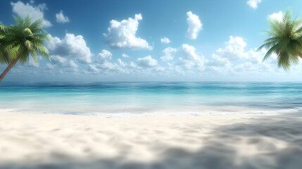 Tropical beach paradise with palm trees, white sand, and tranquil turquoise water under a sunny sky.