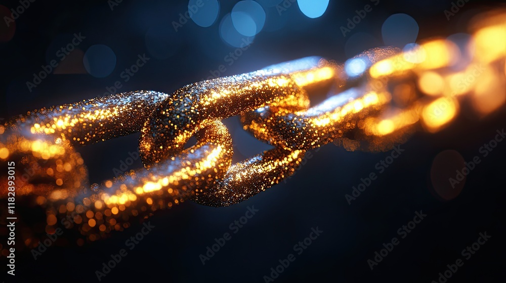 Poster glimmering chain links illuminated under soft blue light creating a striking contrast and showcasing