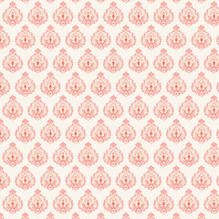 Red ornamental damask seamless pattern on cream background. Intricate floral design perfect for vintage themes, wallpapers, packaging, and decorative projects.