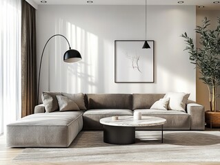Modern Living Room Interior Design Mockup with Gray Sectional Sofa and Marble Coffee Table