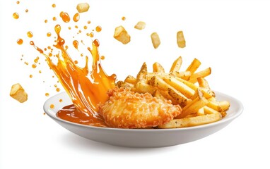 A plate of fish and chips with golden fries and tartar sauce splashes levitating on a white backdrop