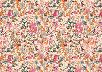 Simple seamless floral pattern with bright colorful small flowers of dog roses. Trendy millefleurs. e for fashion prints.
