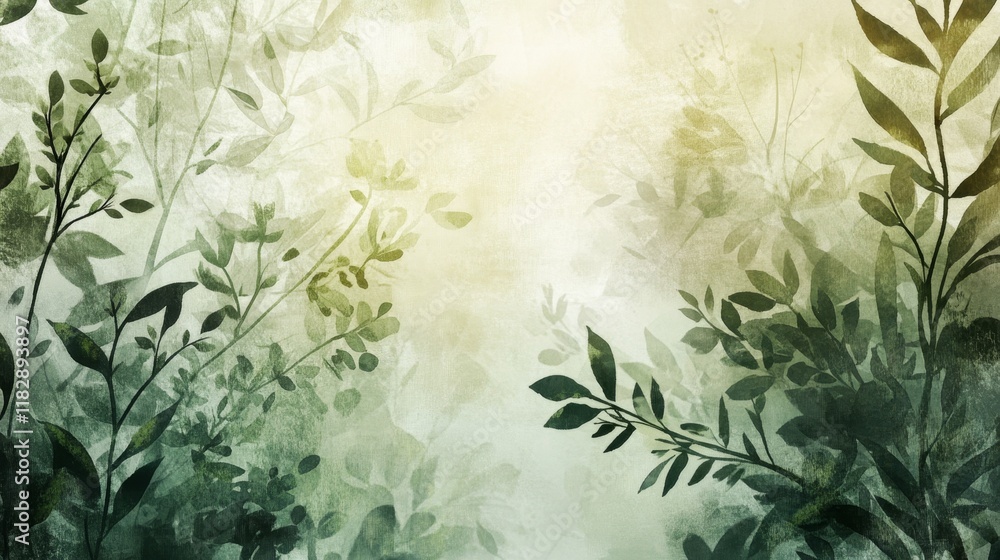 Poster soft green botanical background with abstract leaf patterns