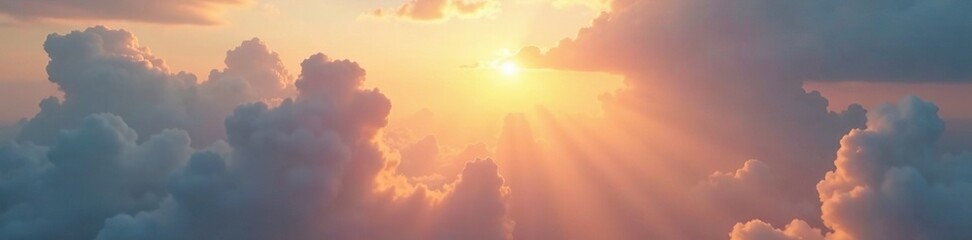 Fototapeta premium Hazy sky with sunbeams filtering through clouds, serene, atmosphere, ethereal