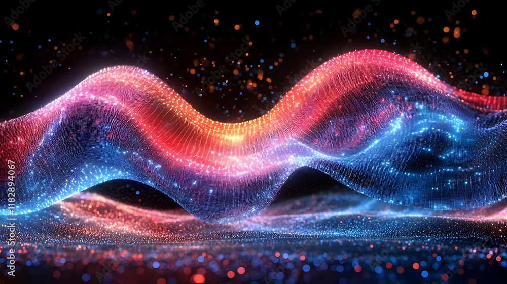 Poster abstract wave flows dynamically with colorful particles on a dark background.