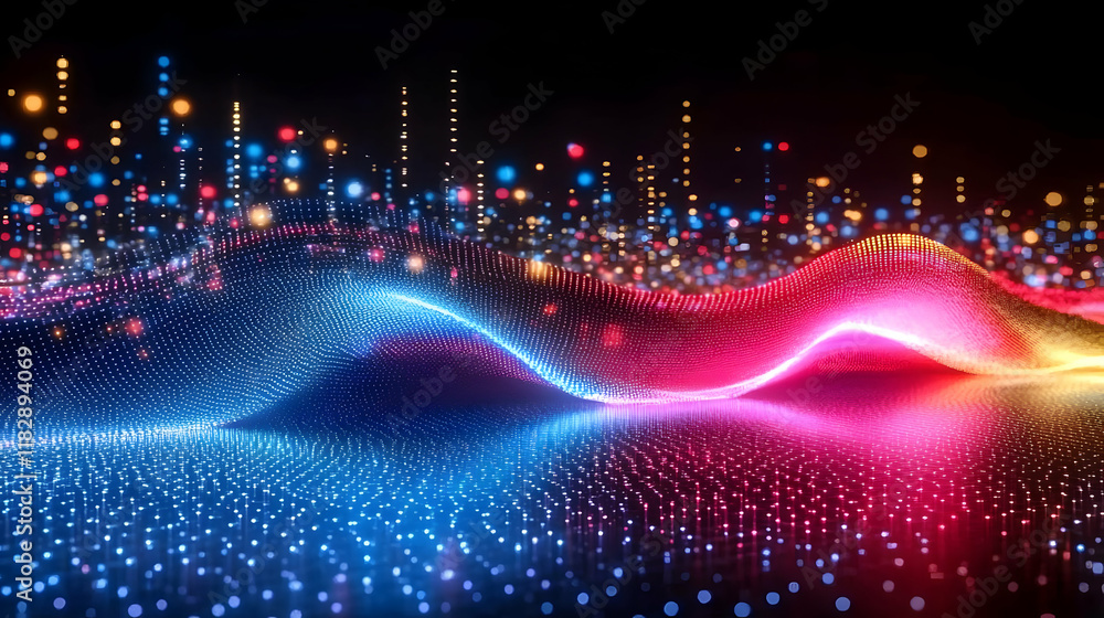 Poster abstract 3d background creates a futuristic wave of colorful light reflected smoothly on dark surfac