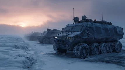 Peel and stick wall murals Rugged all-terrain military vehicles traverse snowy arctic landscape under dramatic sunset sky in winter expedition for extreme conditions