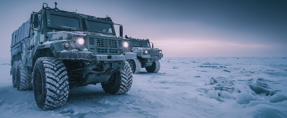 Two rugged military trucks in snowy arctic terrain at dawn, demonstrating all-terrain capabilities and extreme weather endurance