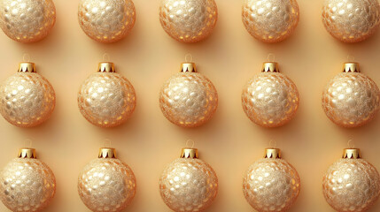 Golden Christmas Ornaments Arranged Neatly on a Beige Background Create Festive Atmosphere