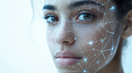 Close-up of young woman with digital facial recognition network and connections representing technology and innovation