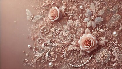 Romantic dusty rose background with intricate lace like floral swirls and pearl shimmer