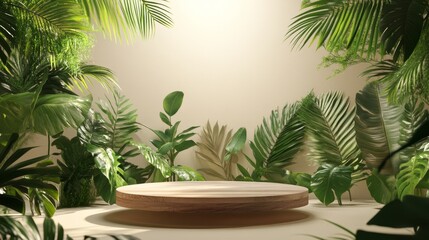 Fototapeta premium Tropical Greenery Surrounding a Wooden Platform for Display