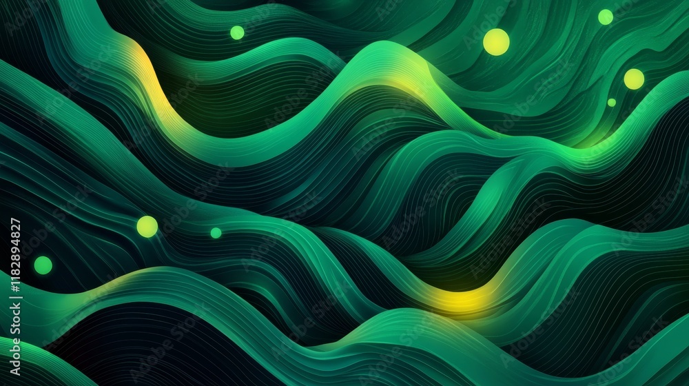 Poster abstract green wave pattern with flowing lines and light accents
