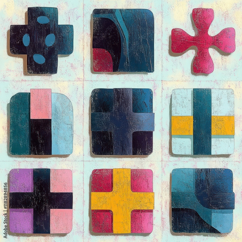 Poster abstract geometric shapes and patterns composition with soft pastel backgrounds and high contrast li