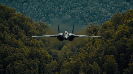 Fighter jet soaring through a lush forested valley during daylight in a clear blue sky