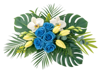 Blue Hydrangea and Chrysanthemum flowers with tropical green leaves Monstera and philodendron plant bush floral arrangement nature wedding backdrop isolated on white