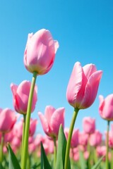 Obraz premium Pink tulip stems with soft pink petals against a bright blue sky, brilliant, spring, colorful
