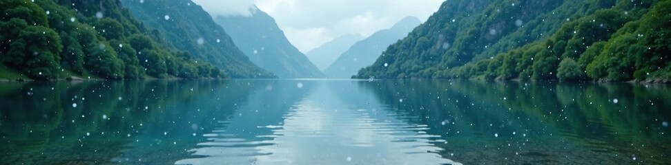 Obraz premium Raindrops fall on tranquil mountain lake surface, rain, water