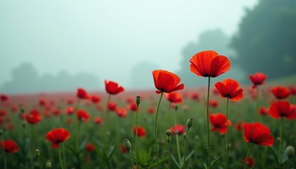 Obraz premium Red poppies in a field with a foggy background, moody, natural