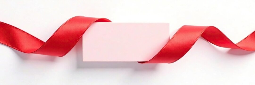 Red ribbon wrapped around a rectangular object against a white background clipping path, rectangular, ribbon